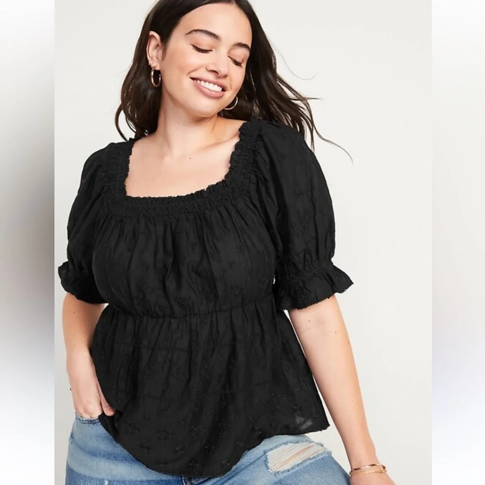 NWT Old Navy Puff Sleeve Smocked Embroidered Babydoll Blouse Cottagecore size XL